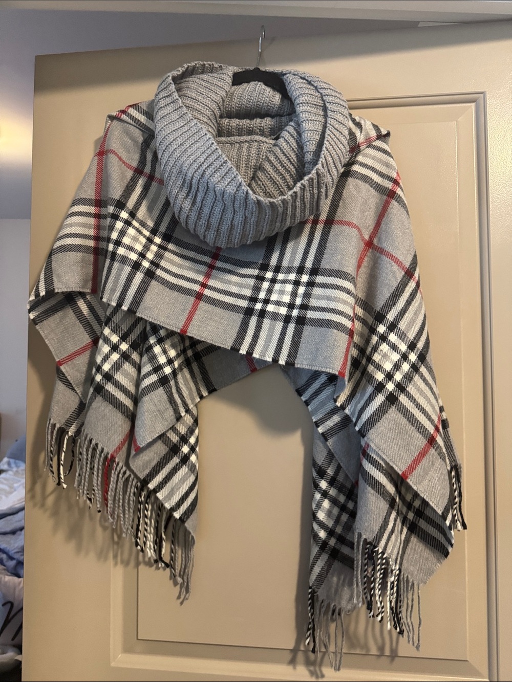 V. FRAAS Gray Plaid Fringe Shawl with Knit Cowl